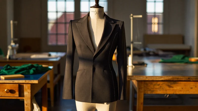 Illustration: Blazer auf der Schneiderbüste mit Stecknadeln und Kreidemarkierung an der Seitennaht