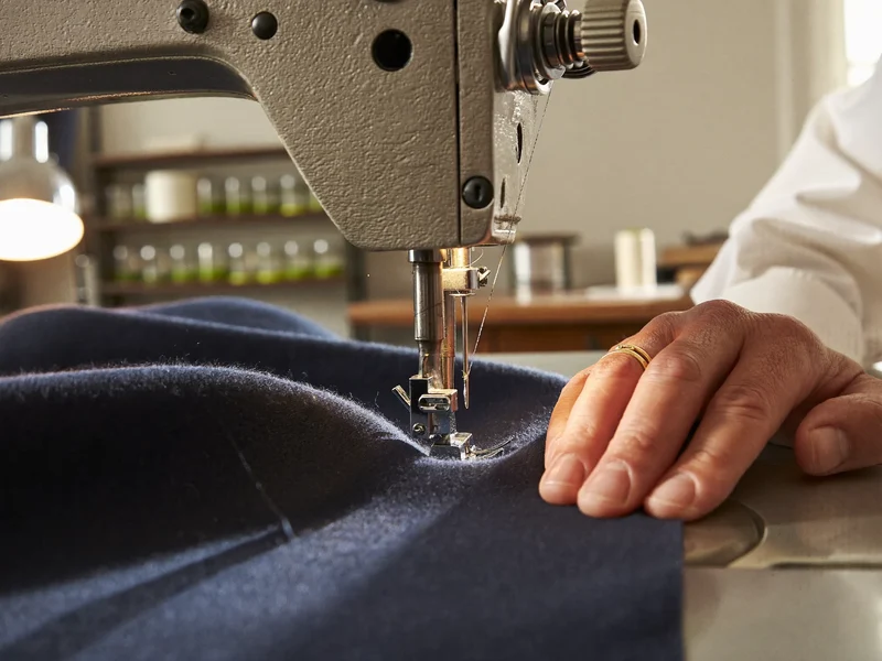 Illustration: Hände führen Stoff unter dem Nähfuß einer Industrienähmaschine